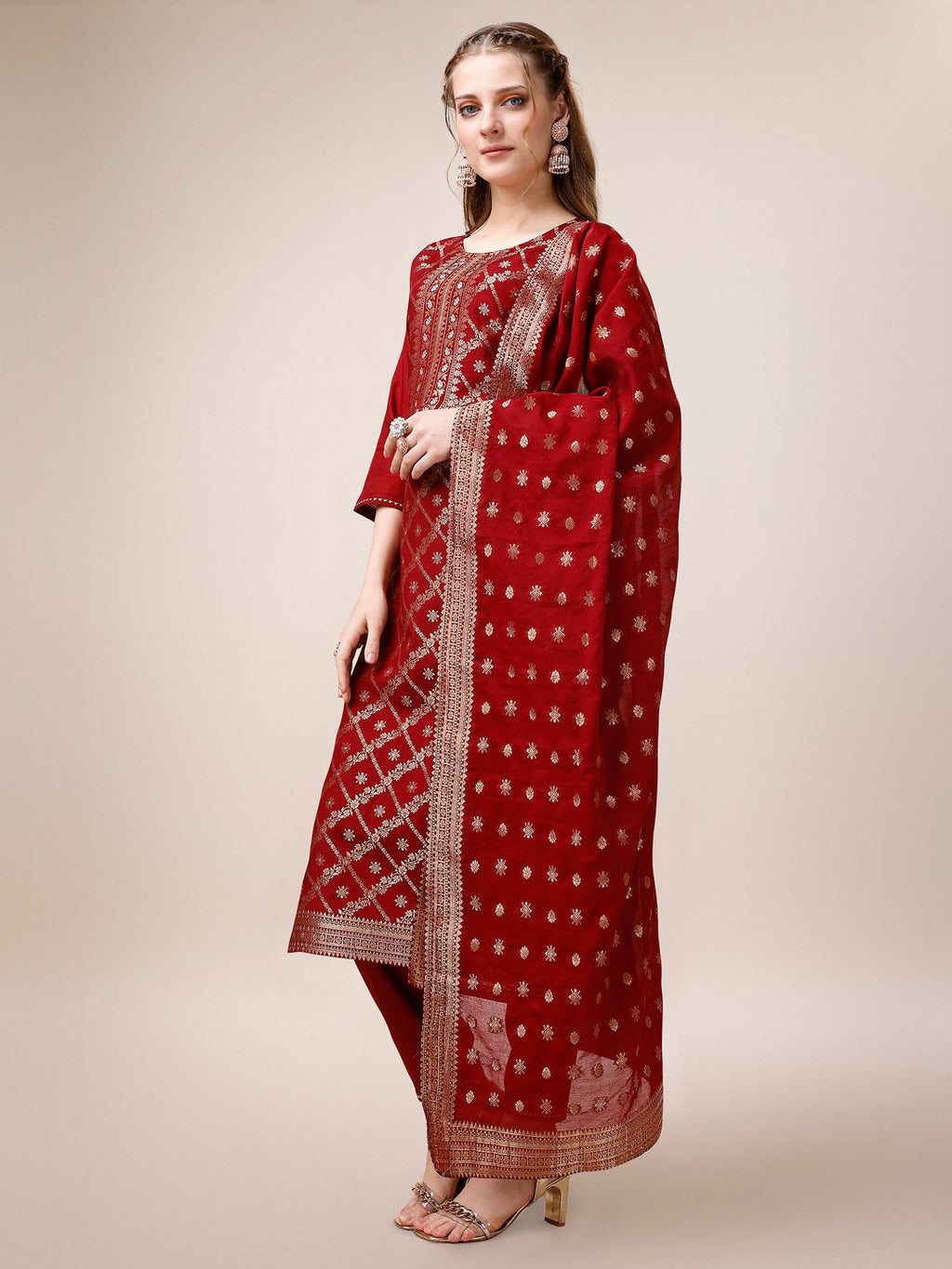 Pure Maslin Jacquard Kurta With Pant And Dupatta Set, Multicolor - Hiral Fashion - Distacart