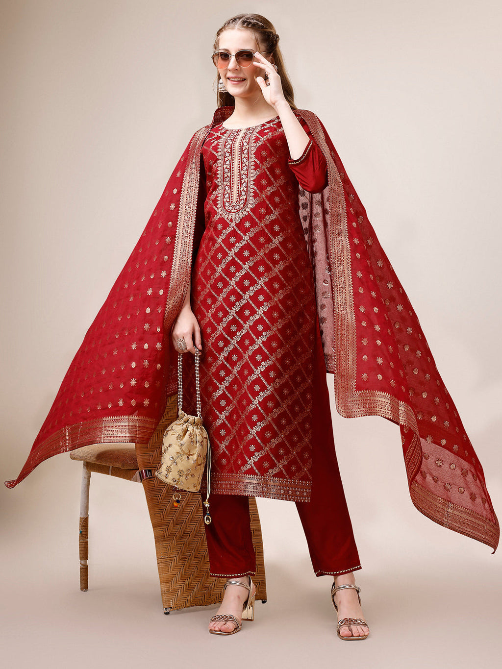 Pure Maslin Jacquard Kurta With Pant And Dupatta Set, Multicolor - Hiral Fashion - Distacart