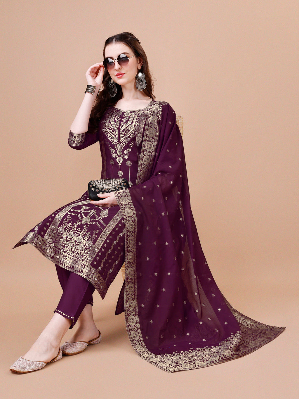 Pure Muslin Banarasi Jacquard Kurta Trousers & Dupatta, Multicolor - Hiral Fashion - Distacart