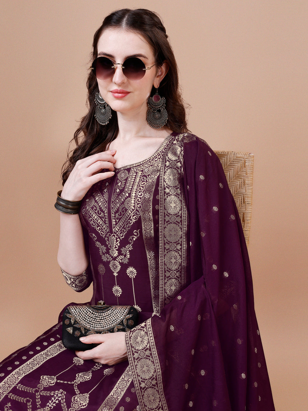 Pure Muslin Banarasi Jacquard Kurta Trousers & Dupatta, Multicolor - Hiral Fashion - Distacart