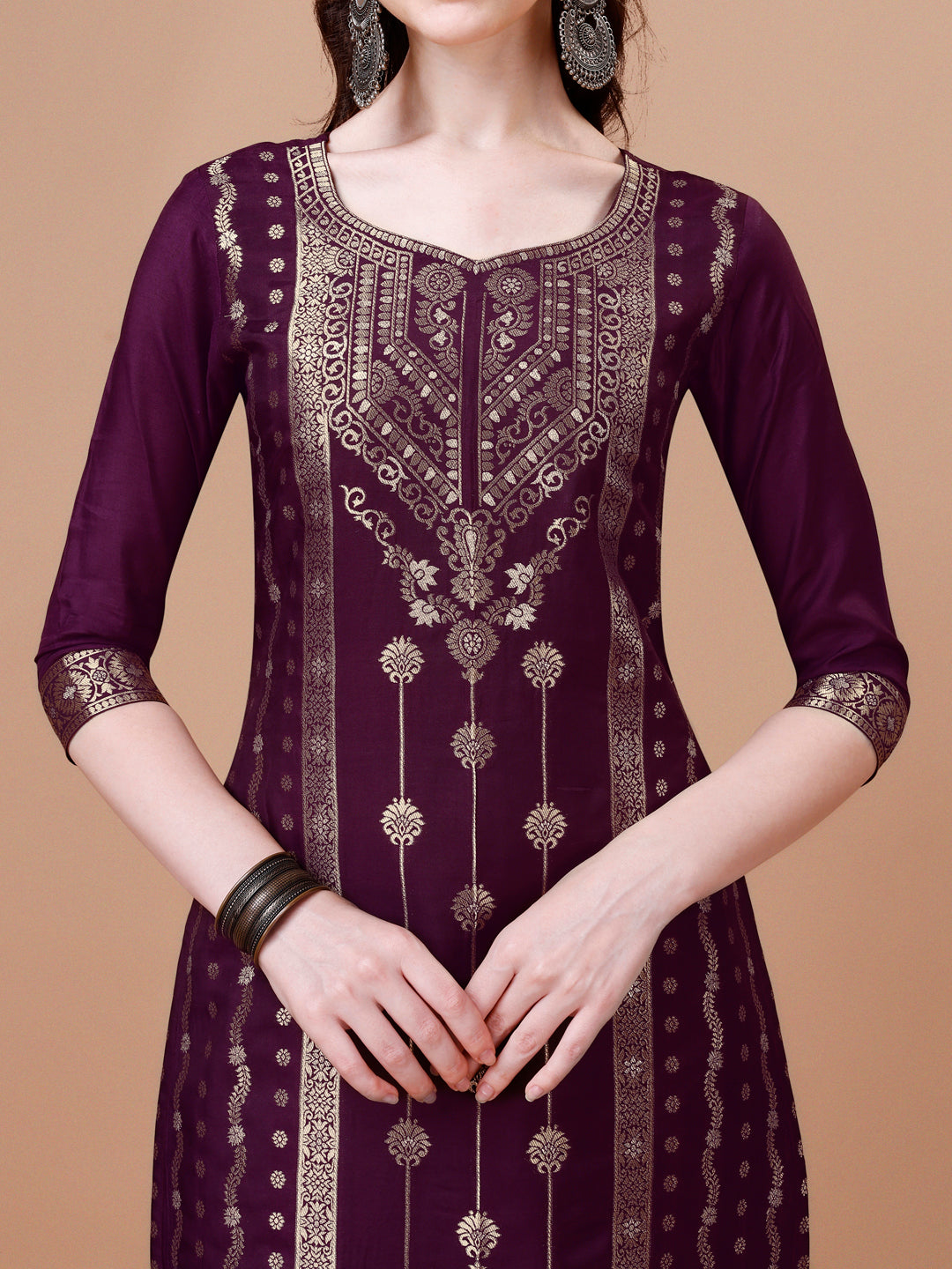Pure Muslin Banarasi Jacquard Kurta Trousers & Dupatta, Multicolor - Hiral Fashion - Distacart