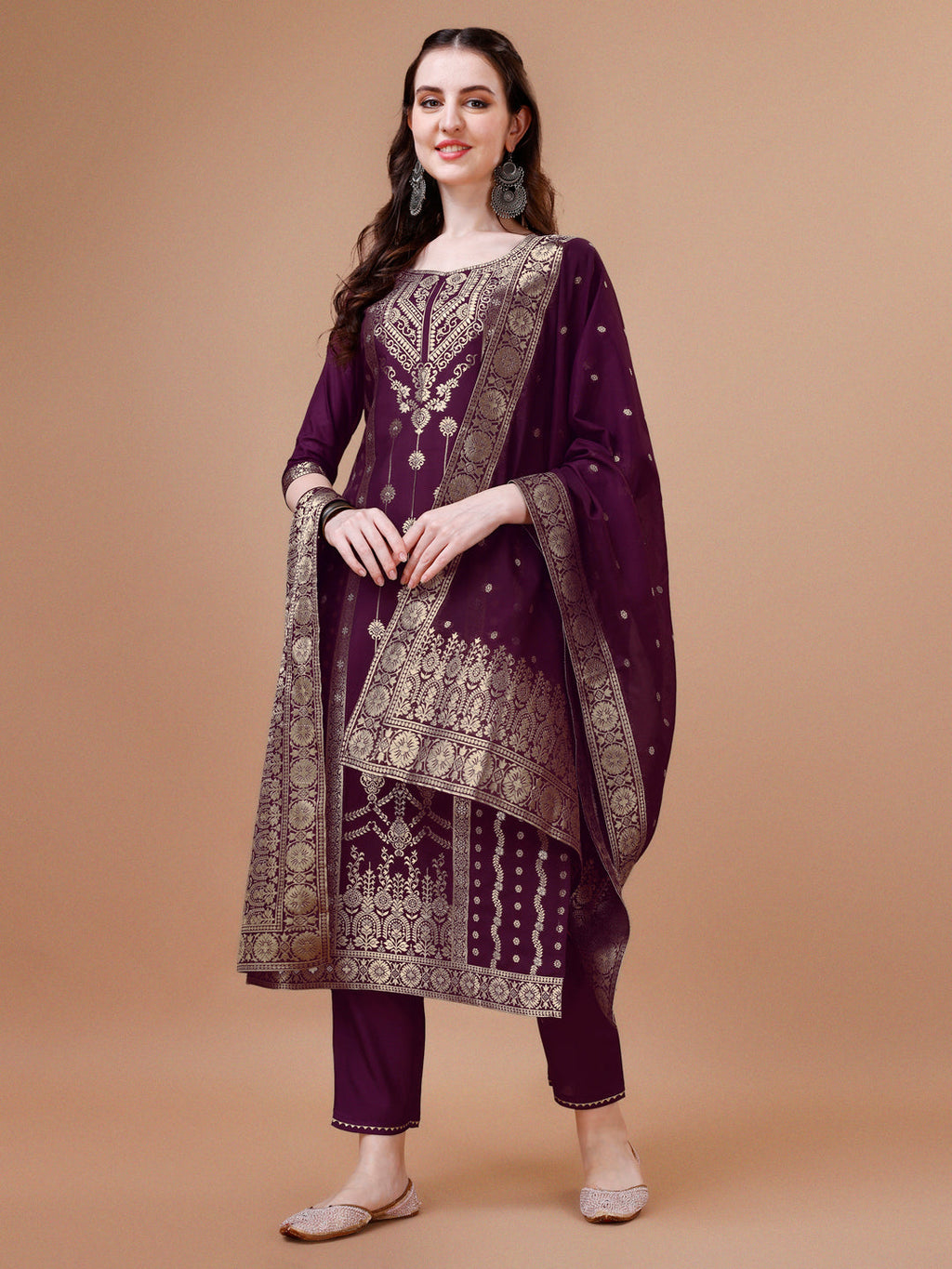 Pure Muslin Banarasi Jacquard Kurta Trousers & Dupatta, Multicolor - Hiral Fashion - Distacart