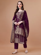 Pure Muslin Banarasi Jacquard Kurta Trousers & Dupatta, Multicolor - Hiral Fashion - Distacart