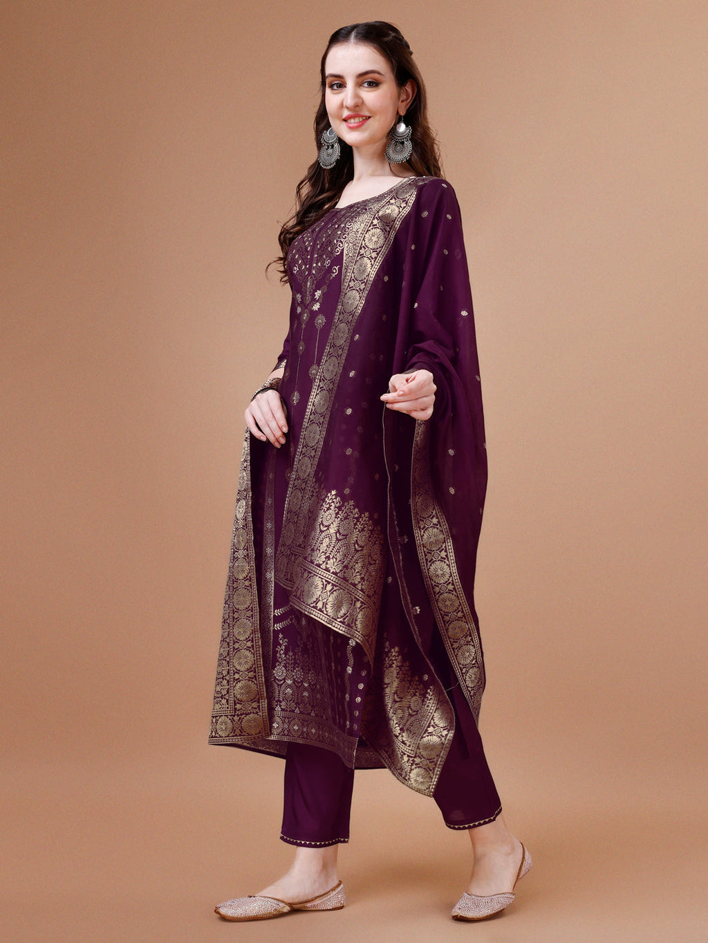 Pure Muslin Banarasi Jacquard Kurta Trousers & Dupatta, Multicolor - Hiral Fashion - Distacart