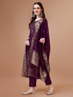 Pure Muslin Banarasi Jacquard Kurta Trousers & Dupatta, Multicolor - Hiral Fashion - Distacart
