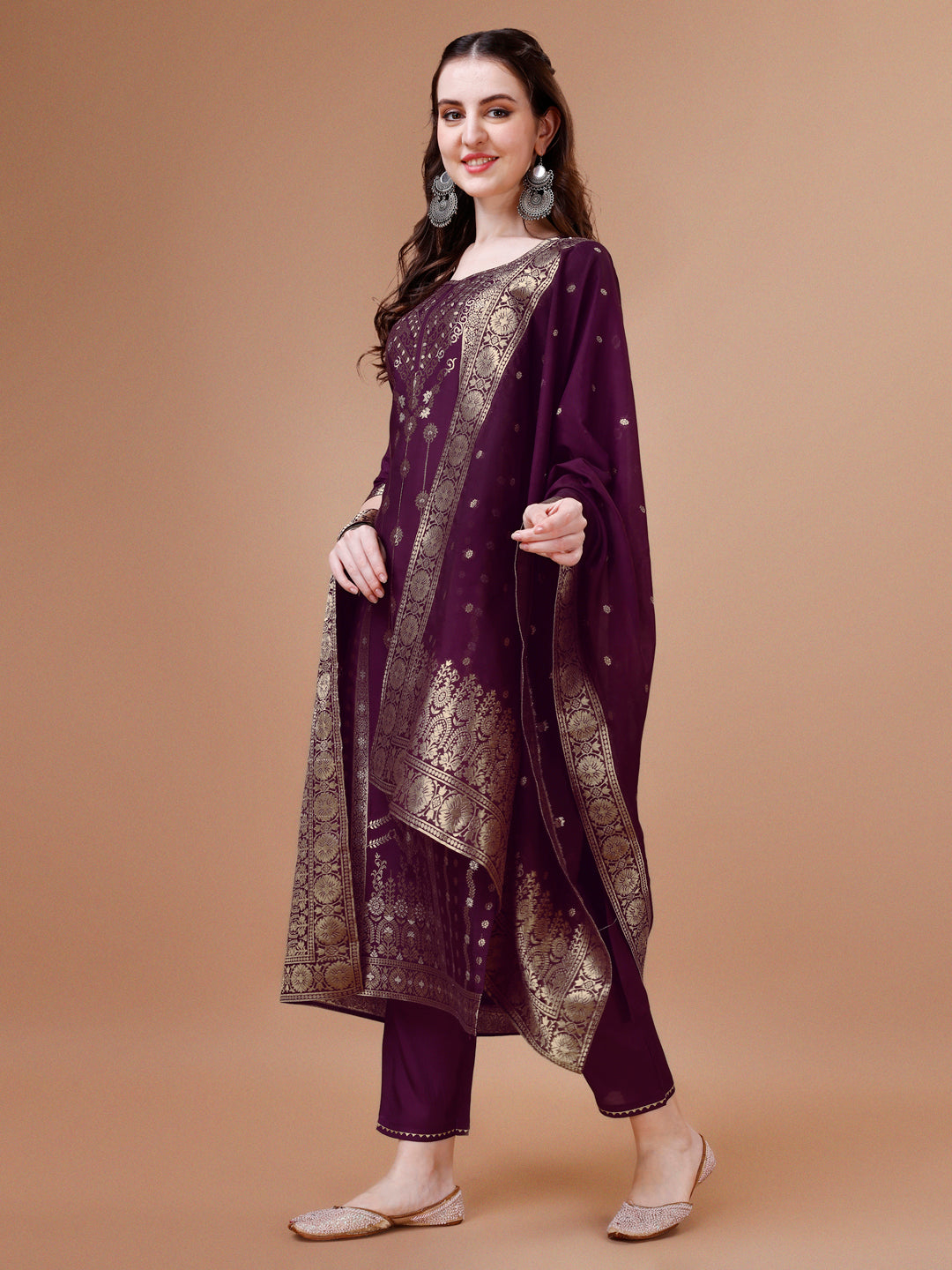 Pure Muslin Banarasi Jacquard Kurta Trousers & Dupatta, Multicolor - Hiral Fashion - Distacart