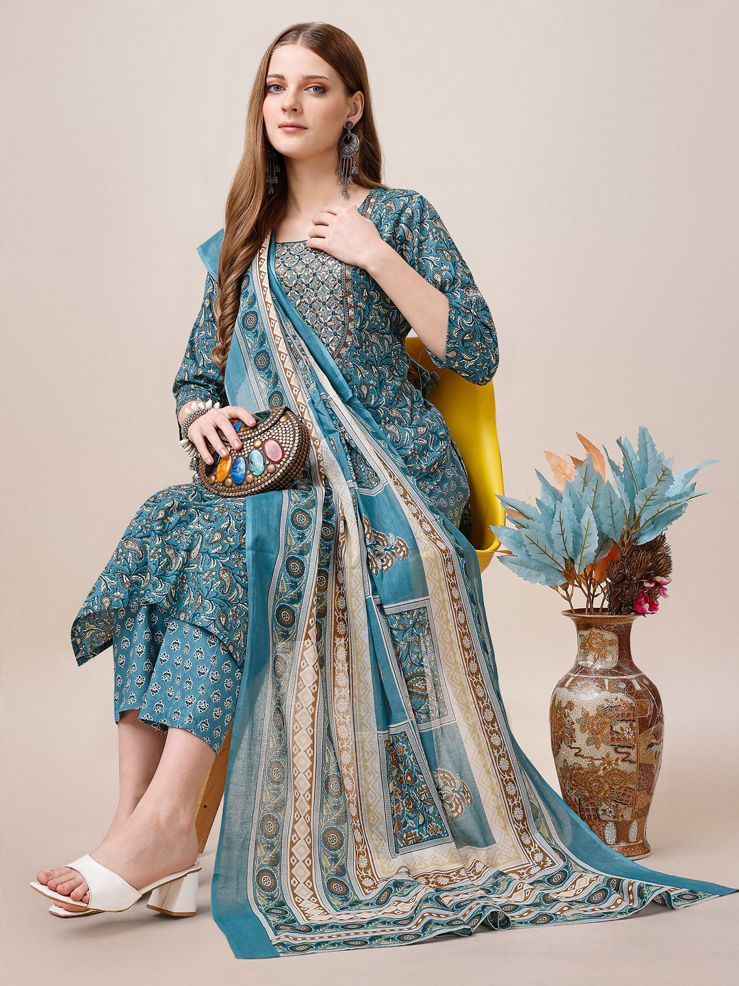 Embroidered & Paisley Printed Cotton Kurta With Pant & Dupatta, Multicolor - Hiral Fashion - Distacart