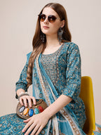Embroidered & Paisley Printed Cotton Kurta With Pant & Dupatta, Multicolor - Hiral Fashion - Distacart