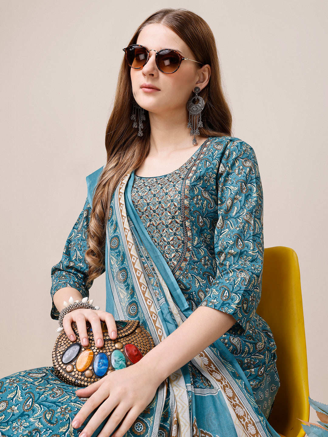 Embroidered & Paisley Printed Cotton Kurta With Pant & Dupatta, Multicolor - Hiral Fashion - Distacart