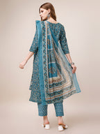Embroidered & Paisley Printed Cotton Kurta With Pant & Dupatta, Multicolor - Hiral Fashion - Distacart