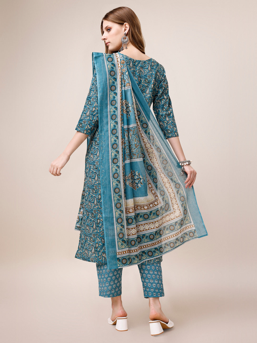 Embroidered & Paisley Printed Cotton Kurta With Pant & Dupatta, Multicolor - Hiral Fashion - Distacart