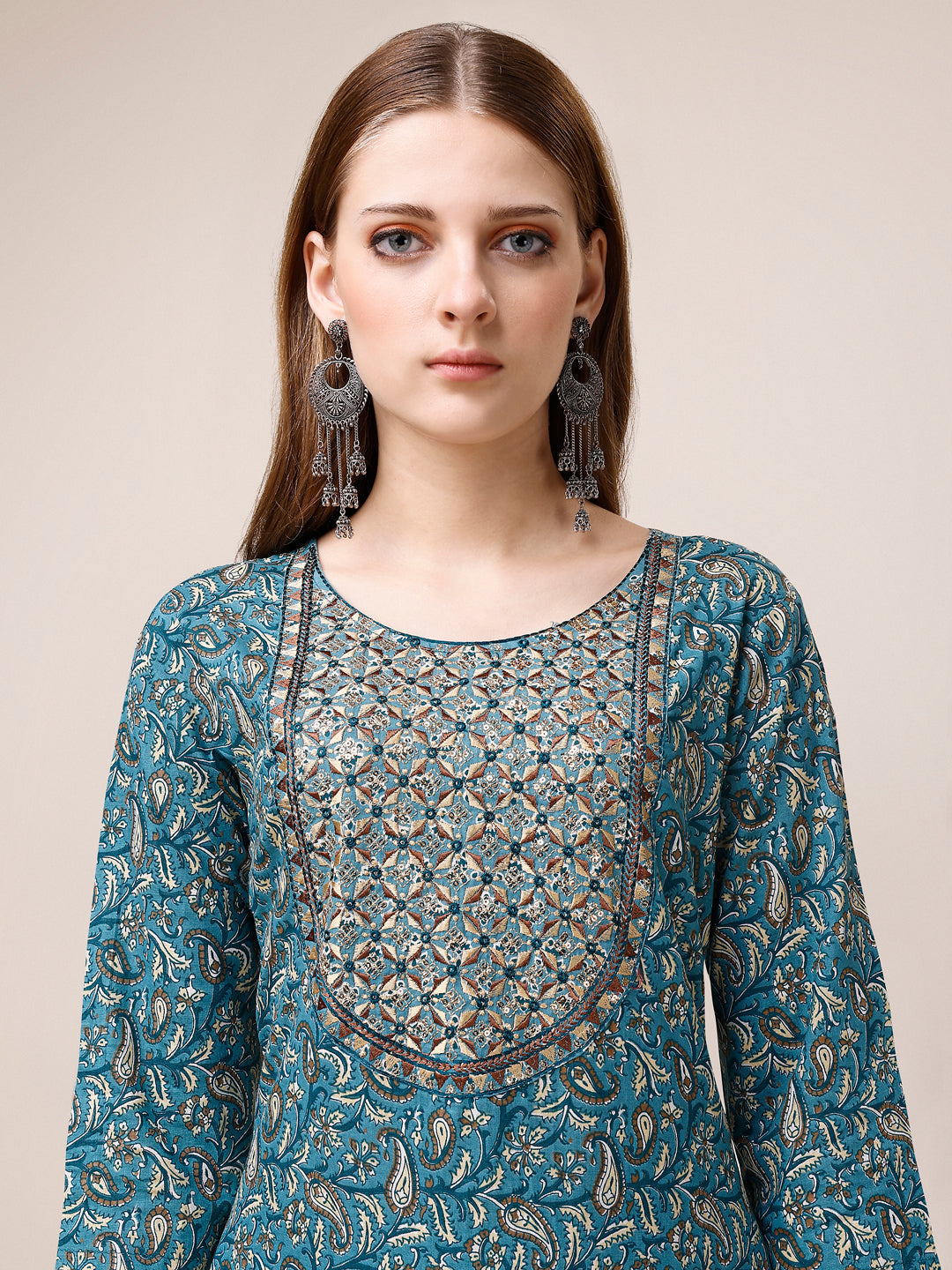 Embroidered & Paisley Printed Cotton Kurta With Pant & Dupatta, Multicolor - Hiral Fashion - Distacart