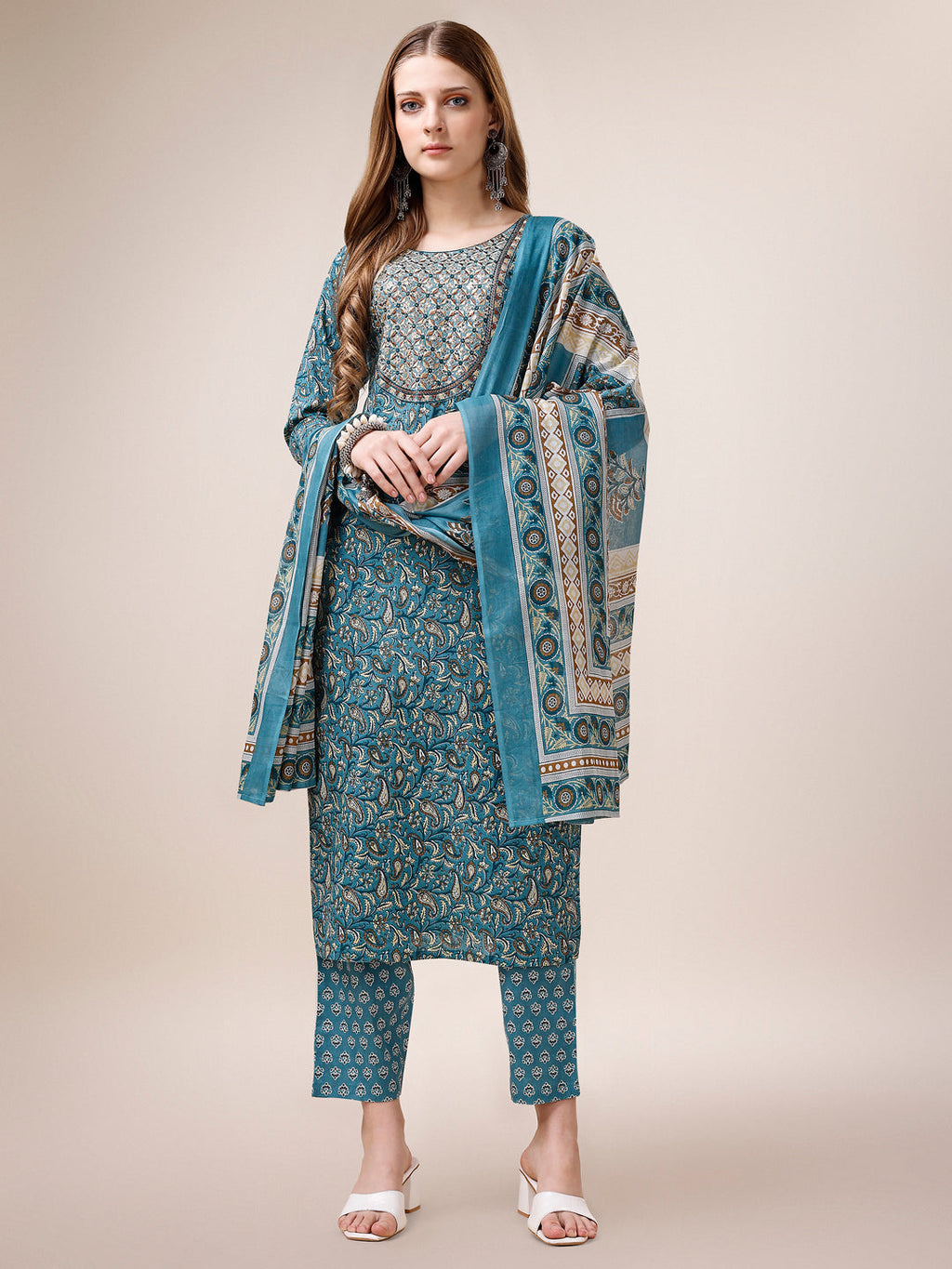 Embroidered & Paisley Printed Cotton Kurta With Pant & Dupatta, Multicolor - Hiral Fashion - Distacart