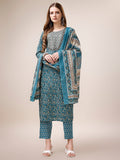 Embroidered & Paisley Printed Cotton Kurta With Pant & Dupatta, Multicolor - Hiral Fashion - Distacart