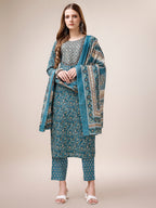 Embroidered & Paisley Printed Cotton Kurta With Pant & Dupatta, Multicolor - Hiral Fashion - Distacart