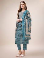 Embroidered & Paisley Printed Cotton Kurta With Pant & Dupatta, Multicolor - Hiral Fashion - Distacart