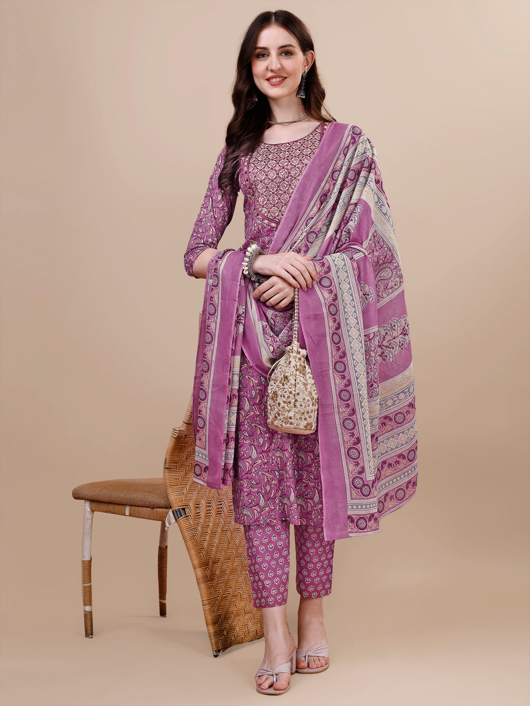 Printed & Embroidered Kurta With Pant & Dupatta Set, Multicolor - Hiral Fashion - Distacart