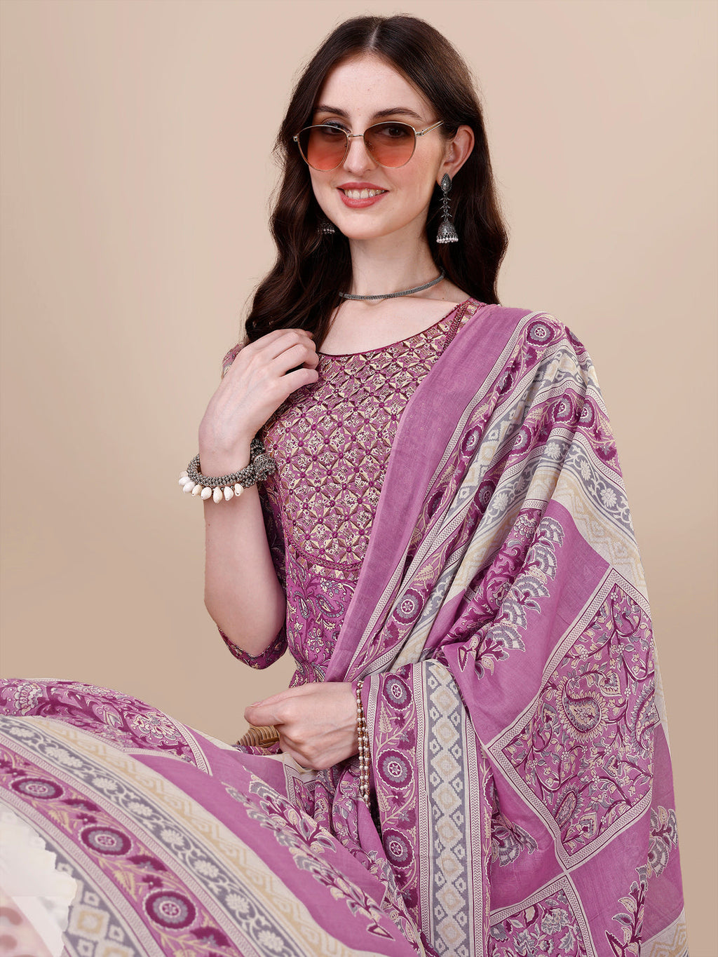 Printed & Embroidered Kurta With Pant & Dupatta Set, Multicolor - Hiral Fashion - Distacart