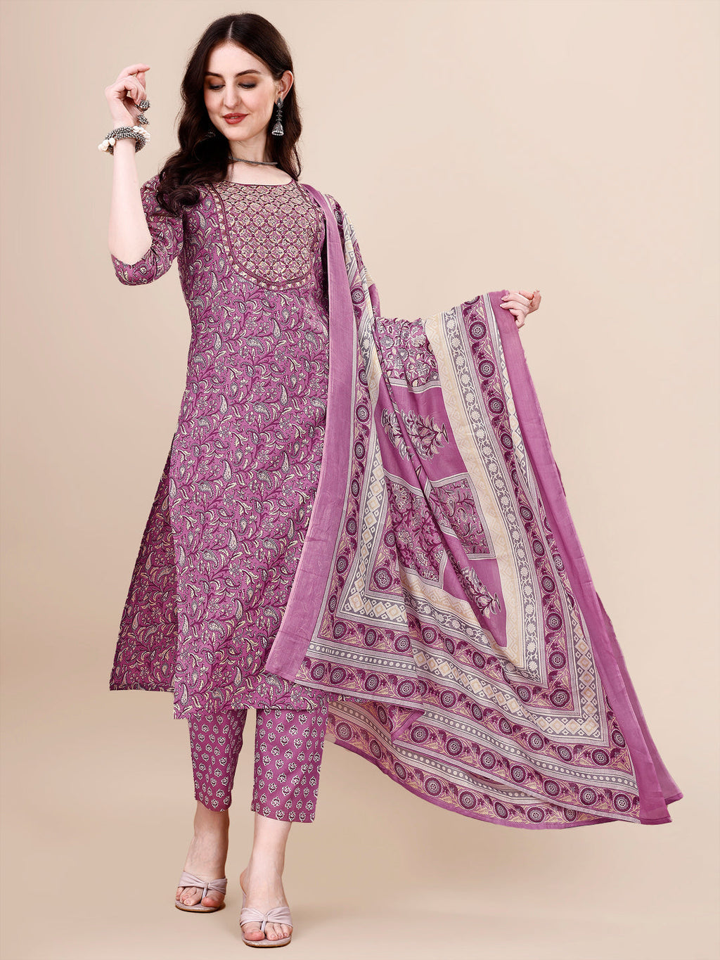 Printed & Embroidered Kurta With Pant & Dupatta Set, Multicolor - Hiral Fashion - Distacart