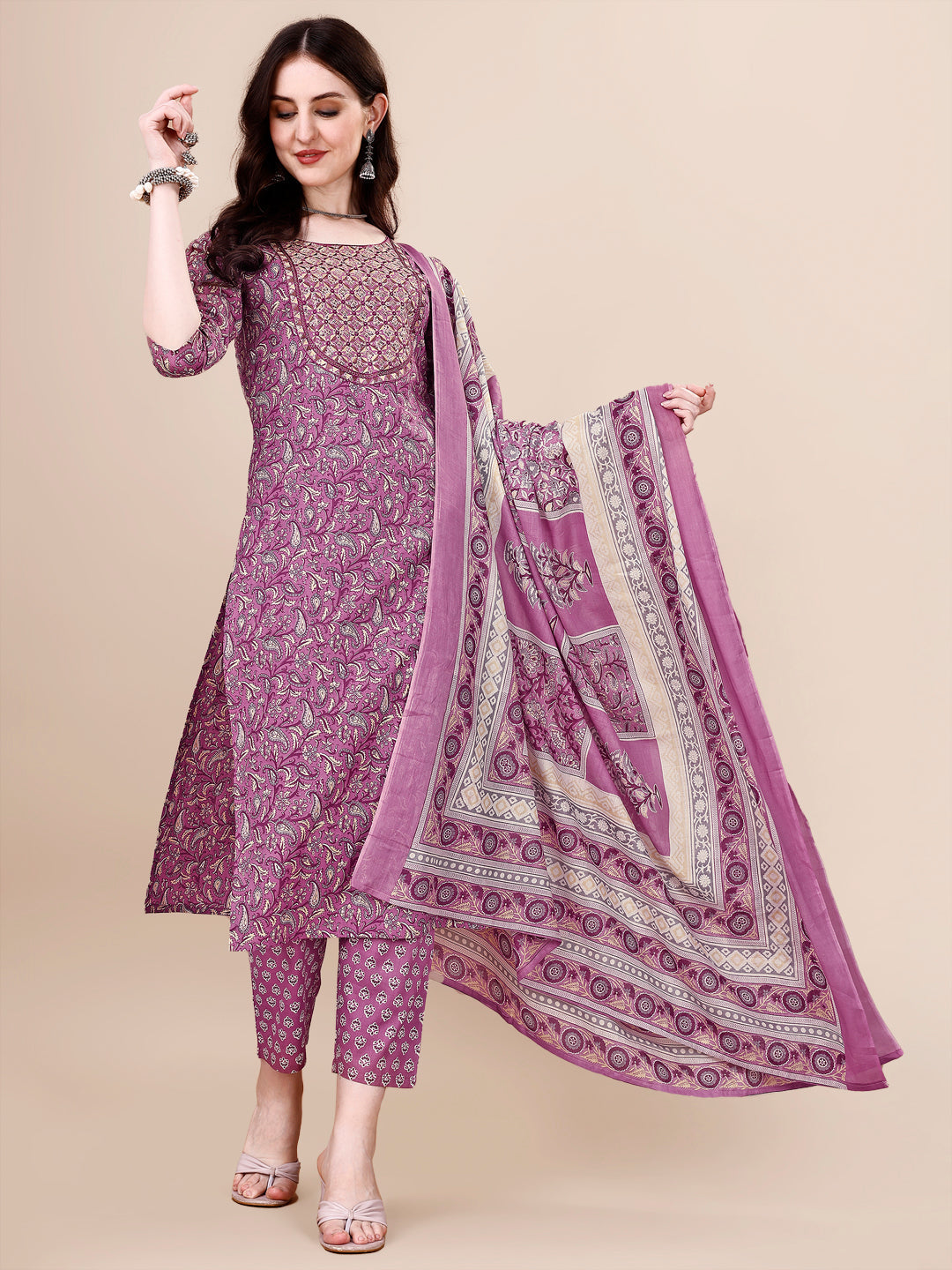 Printed & Embroidered Kurta With Pant & Dupatta Set, Multicolor - Hiral Fashion - Distacart