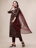 Alia Cut Printed & Embroidered Kurta With Pant & Dupatta Set, Multicolor - Hiral Fashion - Distacart