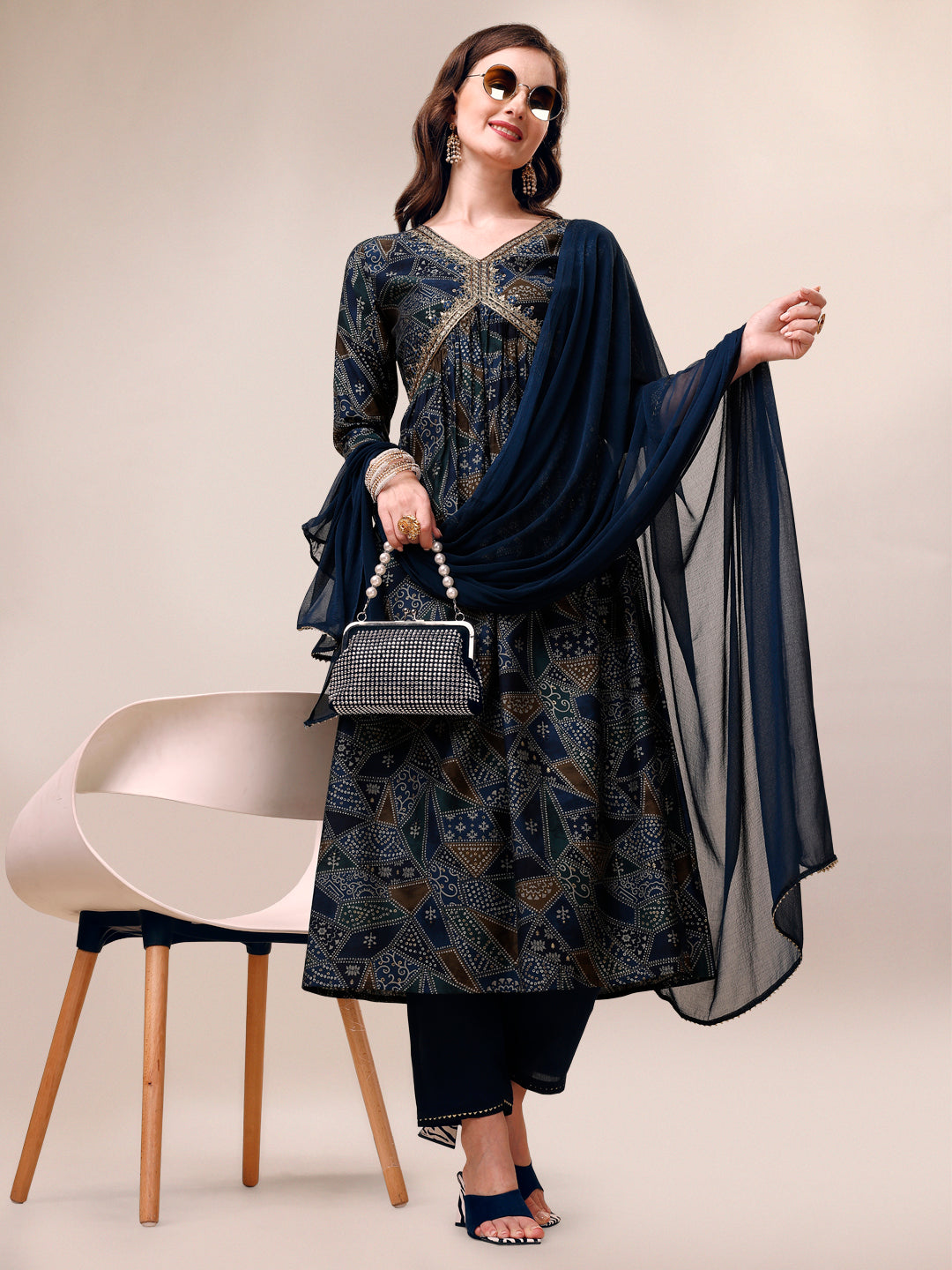 Alia Cut Printed & Embroidered Kurta With Pant & Dupatta Set, Multicolor - Hiral Fashion - Distacart