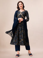 Alia Cut Printed & Embroidered Kurta With Pant & Dupatta Set, Multicolor - Hiral Fashion - Distacart
