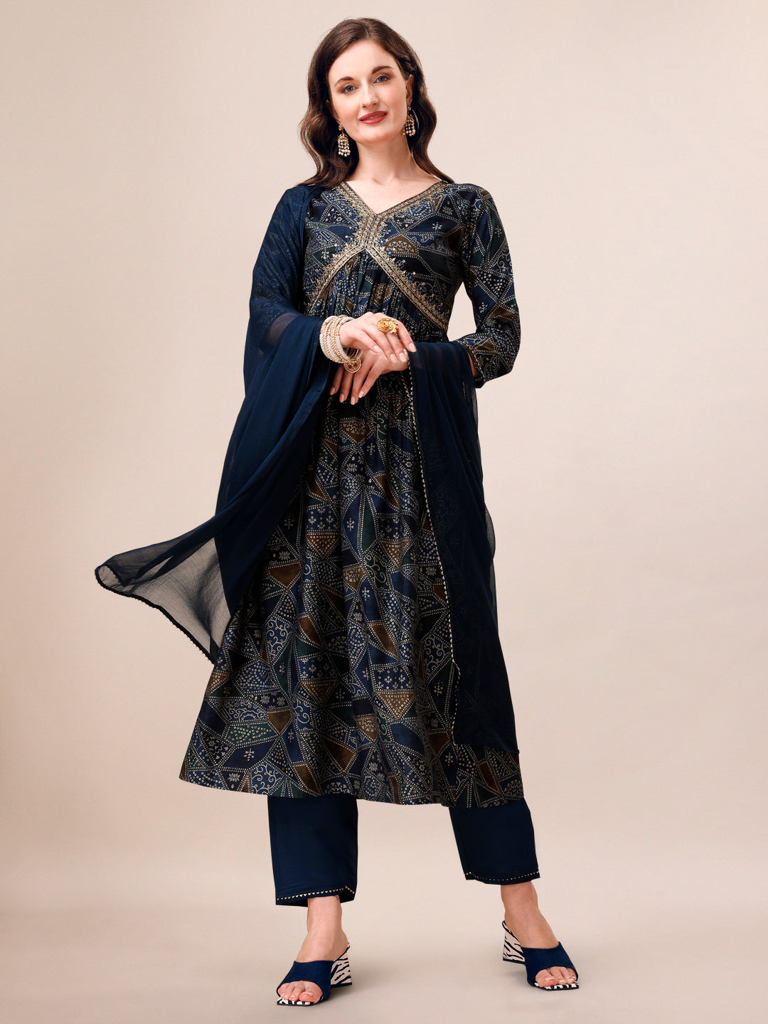 Alia Cut Printed & Embroidered Kurta With Pant & Dupatta Set, Multicolor - Hiral Fashion - Distacart