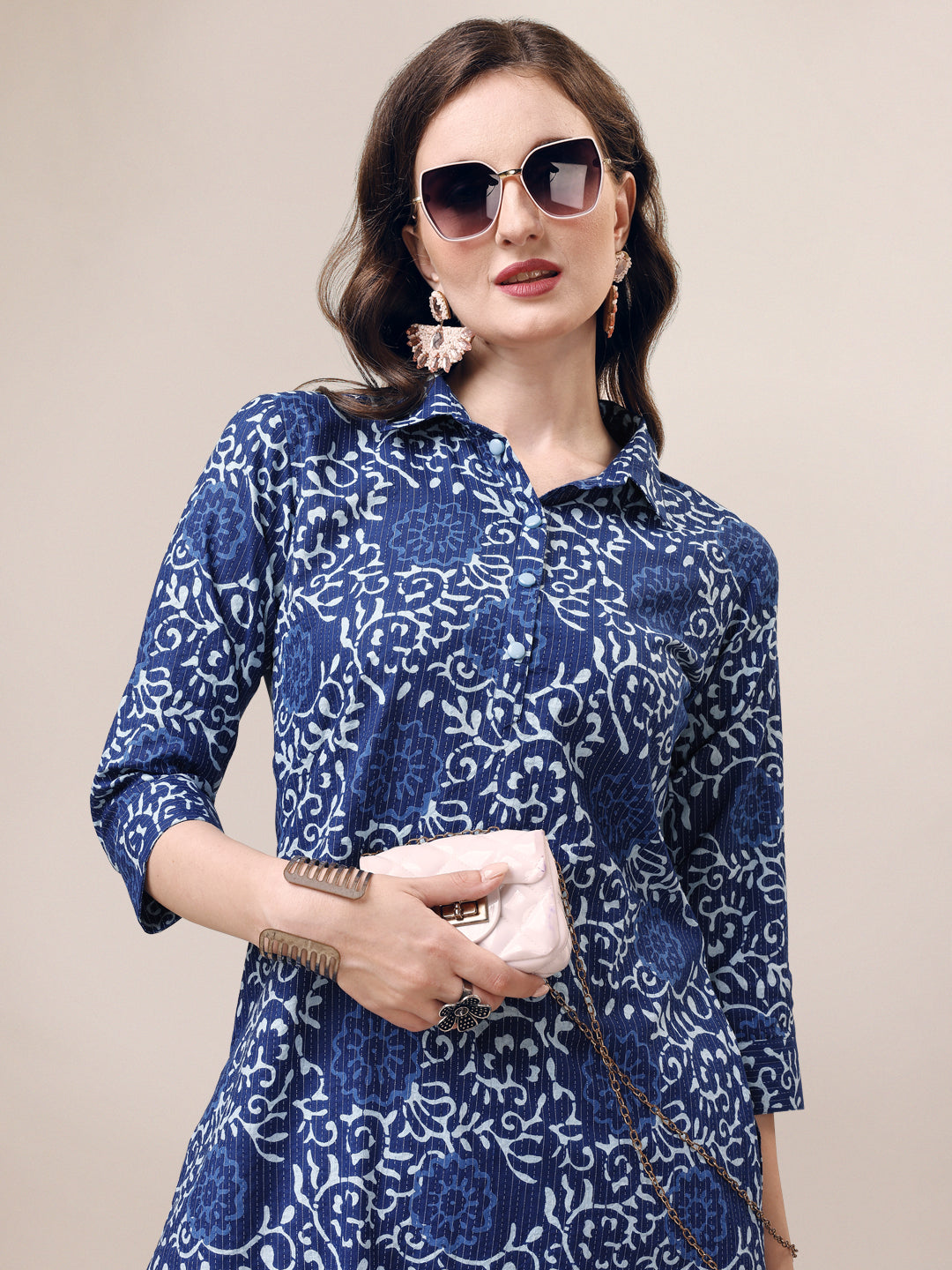 Printed Collar Kurta With Pant Co-Ordset, Multicolor - Hiral Fashion - Distacart