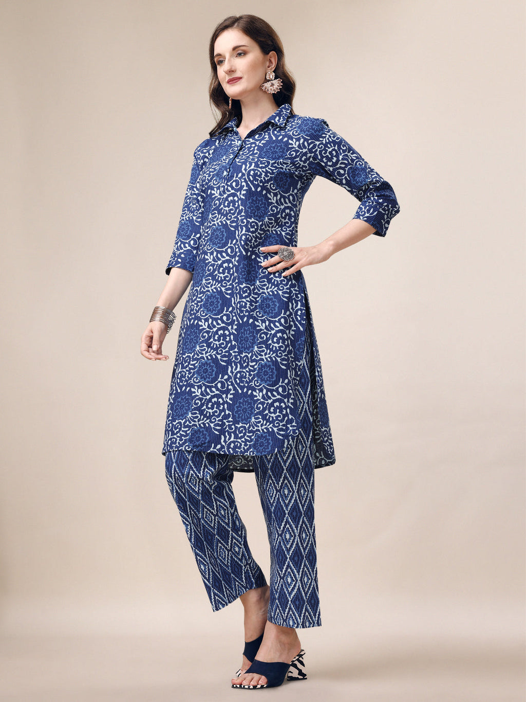 Printed Collar Kurta With Pant Co-Ordset, Multicolor - Hiral Fashion - Distacart
