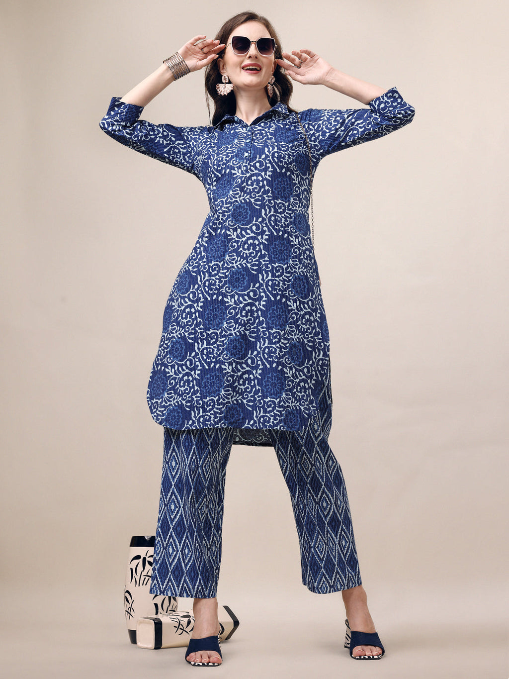 Printed Collar Kurta With Pant Co-Ordset, Multicolor - Hiral Fashion - Distacart