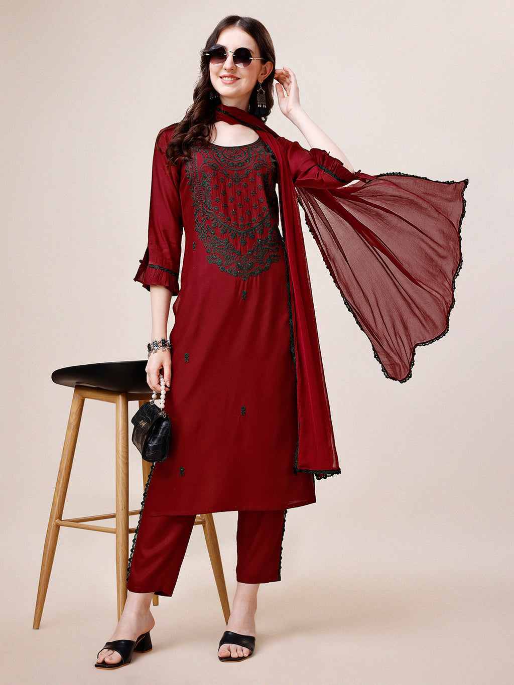 Embroidered Kurta With Pant And Dupatta Set, Multicolor - Hiral Fashion - Distacart