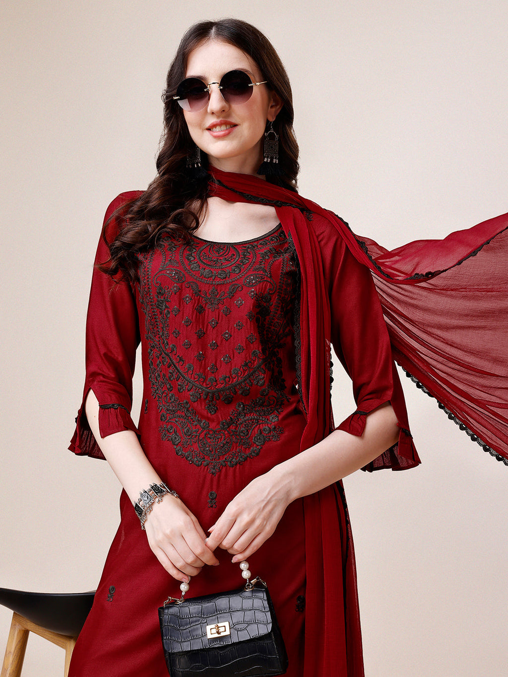 Embroidered Kurta With Pant And Dupatta Set, Multicolor - Hiral Fashion - Distacart