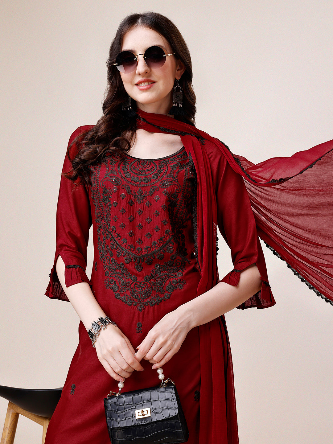Embroidered Kurta With Pant And Dupatta Set, Multicolor - Hiral Fashion - Distacart