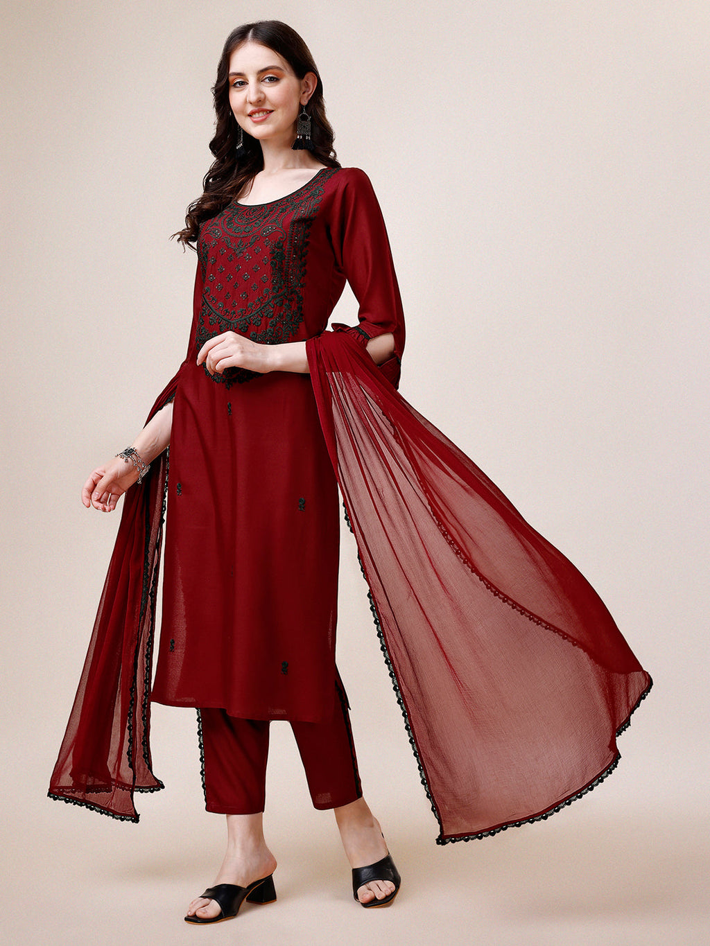 Embroidered Kurta With Pant And Dupatta Set, Multicolor - Hiral Fashion - Distacart