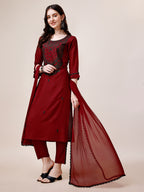 Embroidered Kurta With Pant And Dupatta Set, Multicolor - Hiral Fashion - Distacart