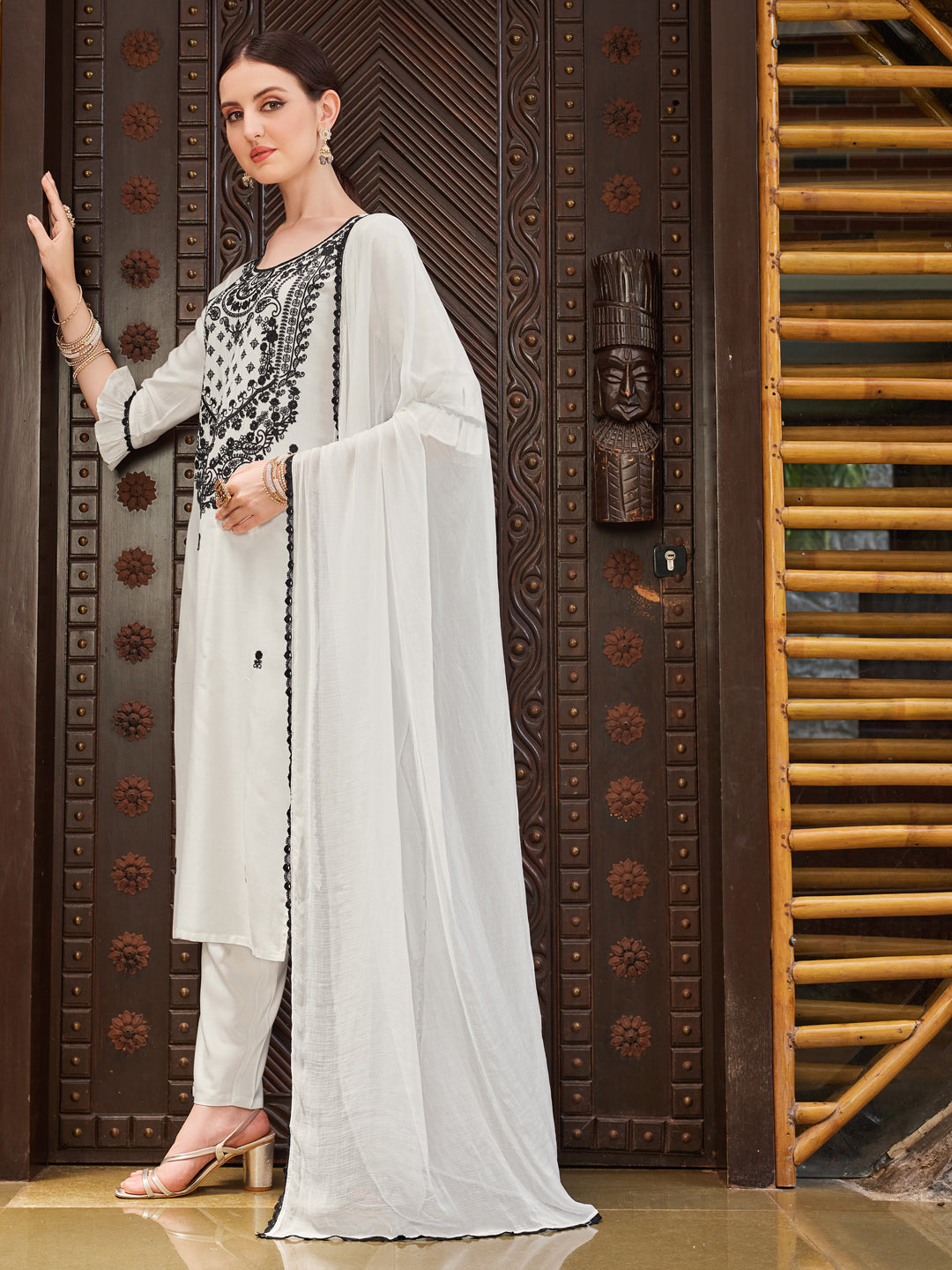Embroidered Kurta With Pant And Dupatta Set, Multicolor - Hiral Fashion - Distacart