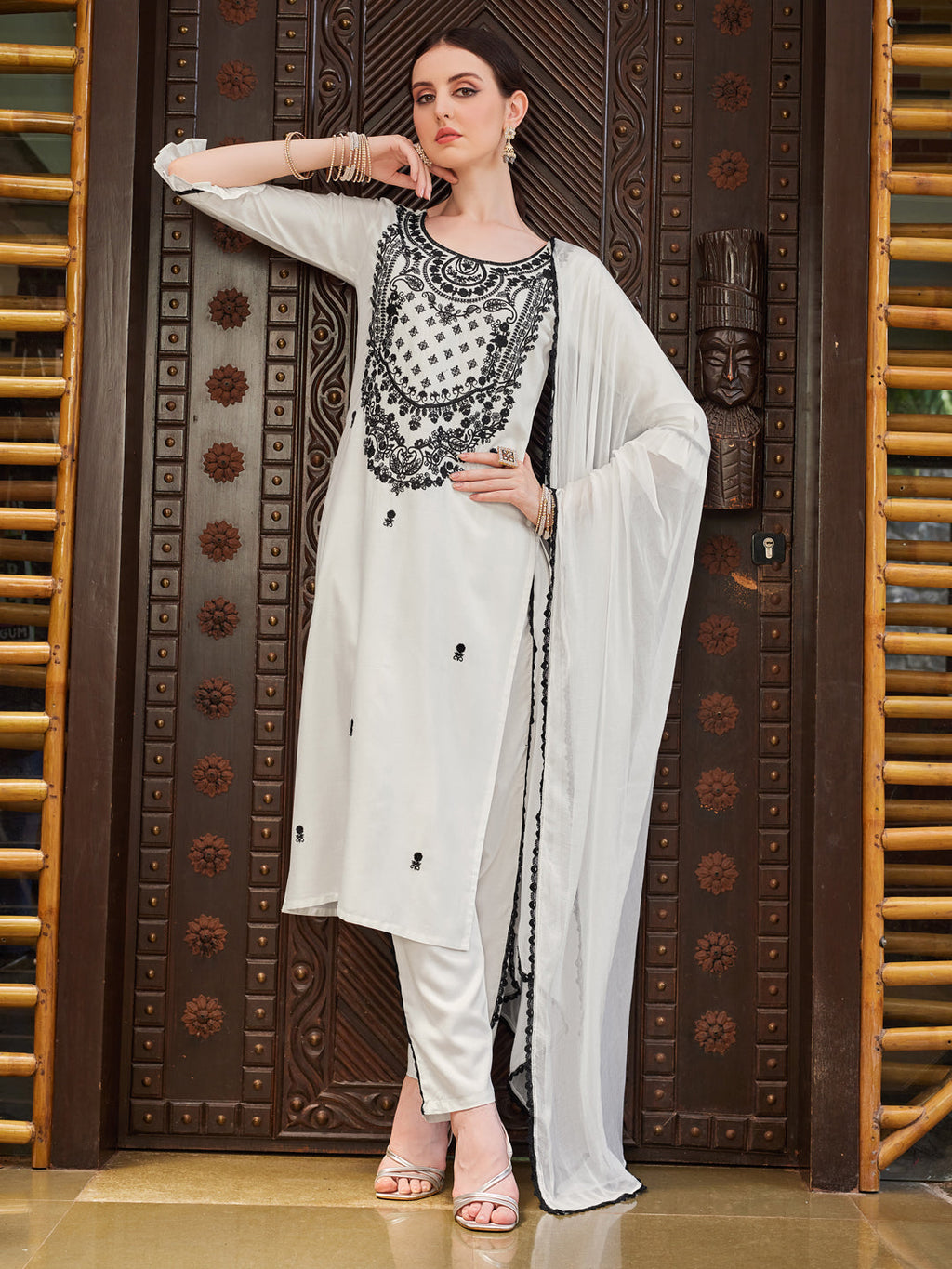 Embroidered Kurta With Pant And Dupatta Set, Multicolor - Hiral Fashion - Distacart