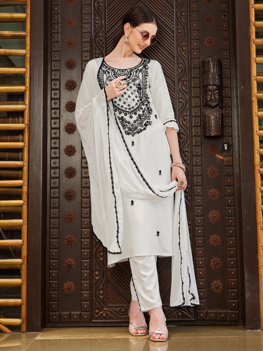 Embroidered Kurta With Pant And Dupatta Set, Multicolor - Hiral Fashion - Distacart