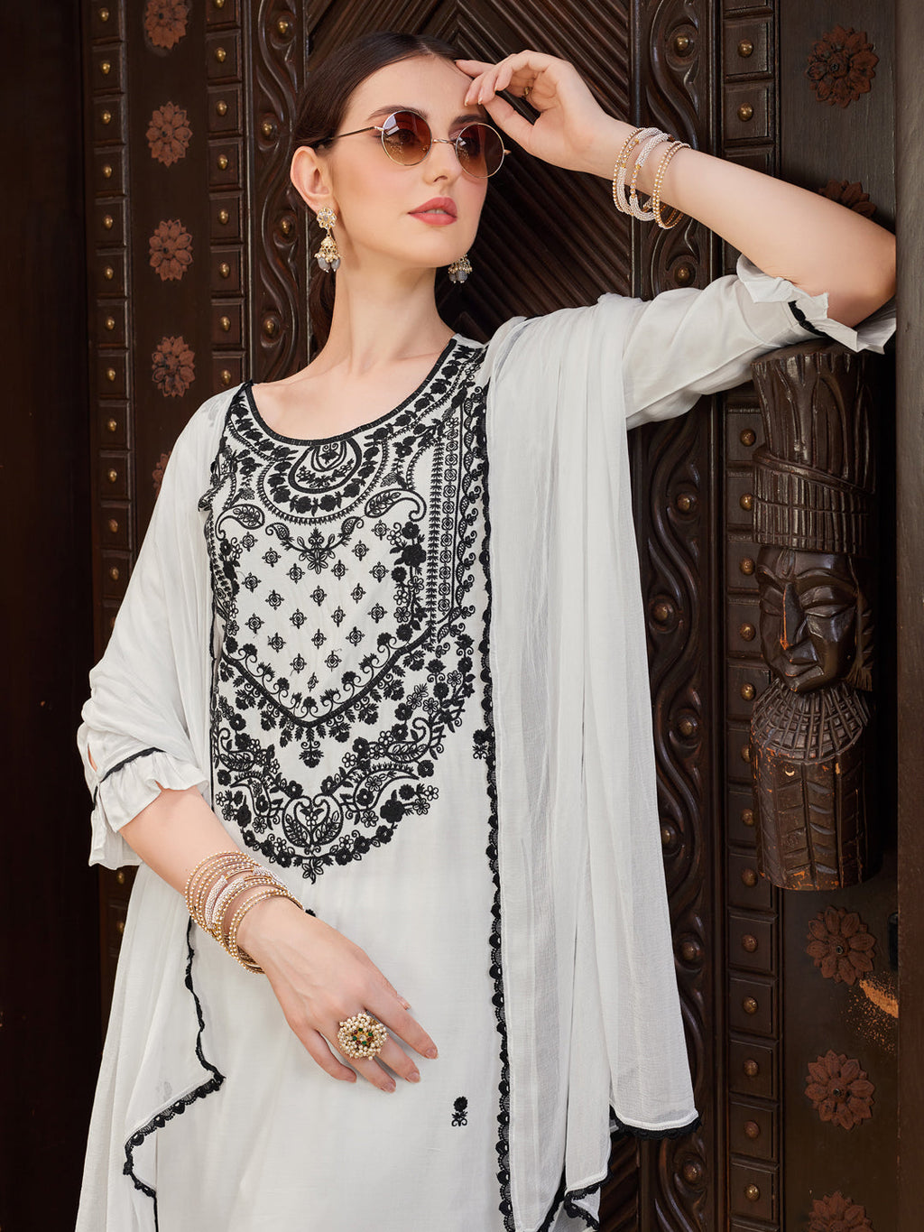 Embroidered Kurta With Pant And Dupatta Set, Multicolor - Hiral Fashion - Distacart