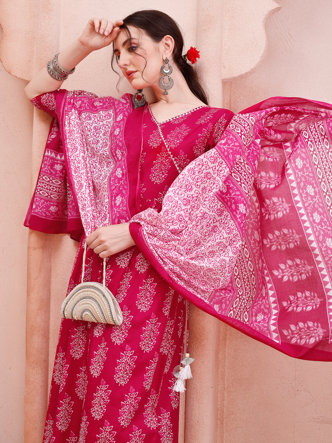 Angarakha Style Anarkali Printed Kurta With Pant And Dupatta Set, Multicolor - Hiral Fashion - Distacart