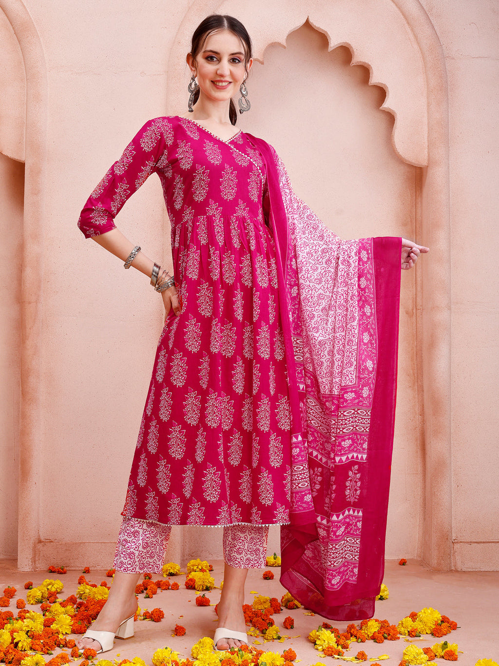 Angarakha Style Anarkali Printed Kurta With Pant And Dupatta Set, Multicolor - Hiral Fashion - Distacart