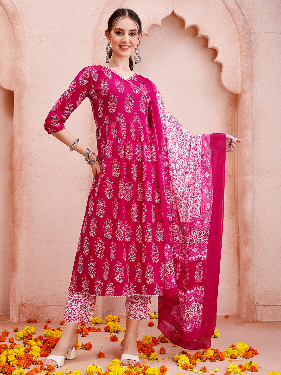 Angarakha Style Anarkali Printed Kurta With Pant And Dupatta Set, Multicolor - Hiral Fashion - Distacart