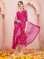 Angarakha Style Anarkali Printed Kurta With Pant And Dupatta Set, Multicolor - Hiral Fashion - Distacart
