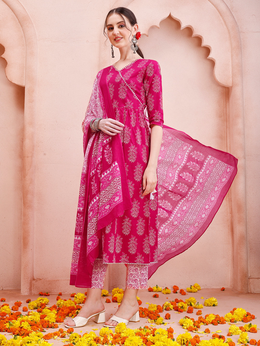 Angarakha Style Anarkali Printed Kurta With Pant And Dupatta Set, Multicolor - Hiral Fashion - Distacart