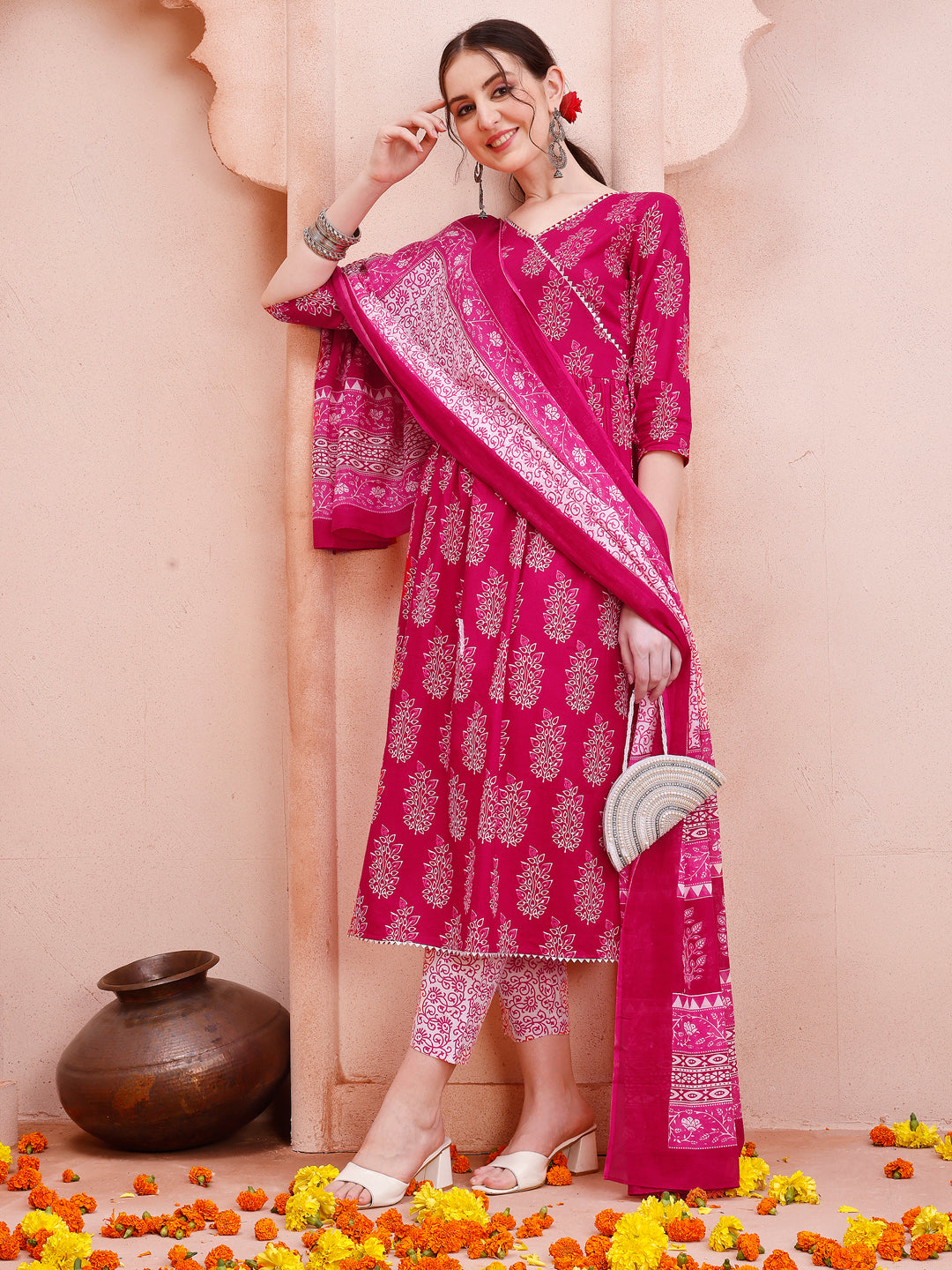 Angarakha Style Anarkali Printed Kurta With Pant And Dupatta Set, Multicolor - Hiral Fashion - Distacart