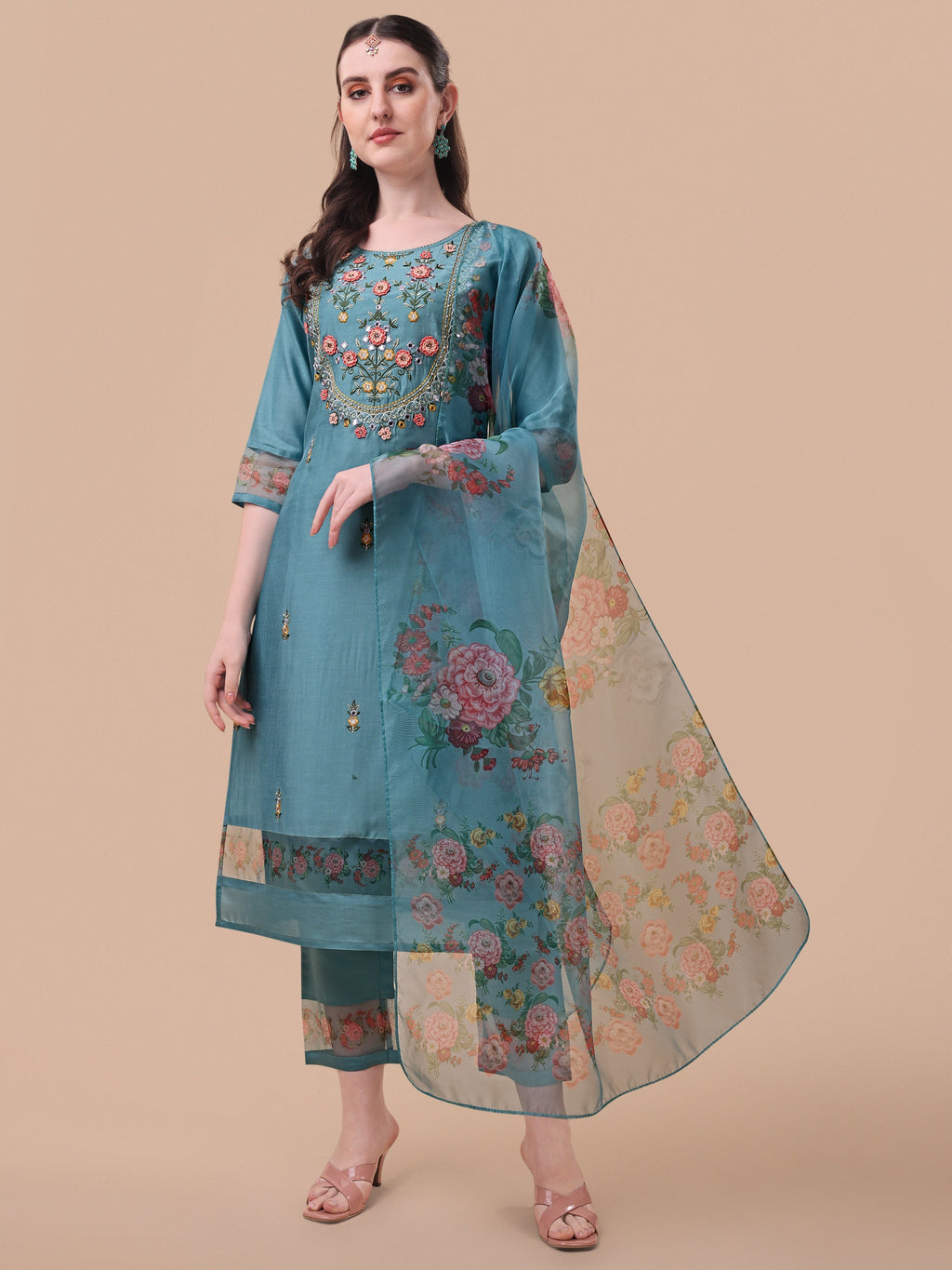 Hand Embroidered Kurta With Pant & Organza Printed Dupatta, Multicolor - Hiral Fashion - Distacart