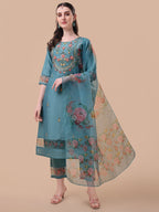 Hand Embroidered Kurta With Pant & Organza Printed Dupatta, Multicolor - Hiral Fashion - Distacart