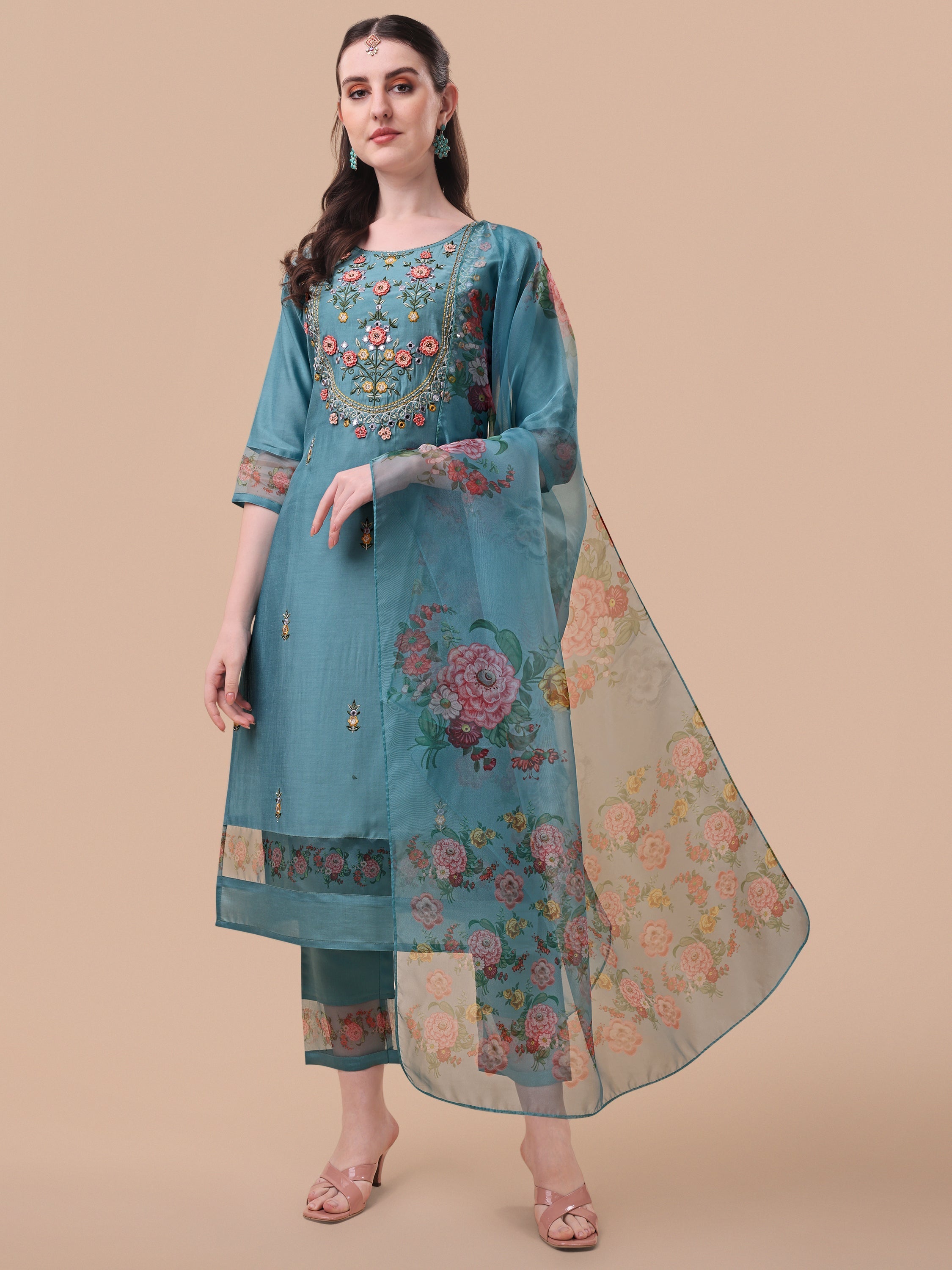 Hand Embroidered Kurta With Pant & Organza Printed Dupatta, Multicolor - Hiral Fashion - Distacart