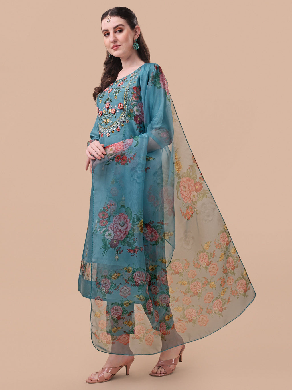 Hand Embroidered Kurta With Pant & Organza Printed Dupatta, Multicolor - Hiral Fashion - Distacart